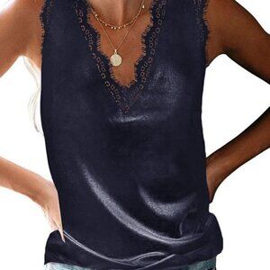 Dreamkue Women's Blue Crushed Velvet Sleeveless Lace Trim V Neck Top Size S